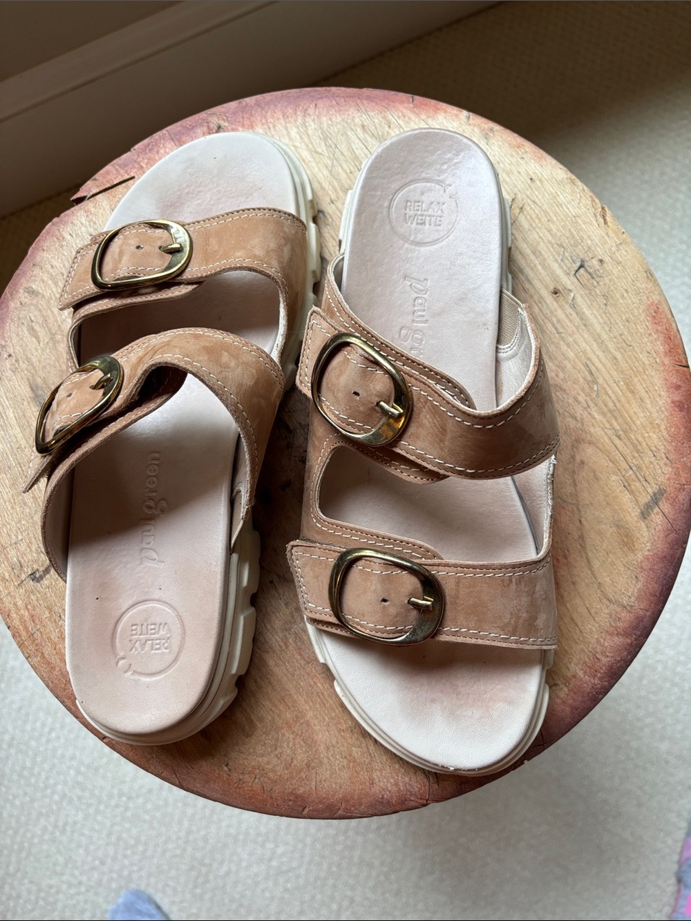 Paul Green Tan Leather Double-Buckle Slide Sandals